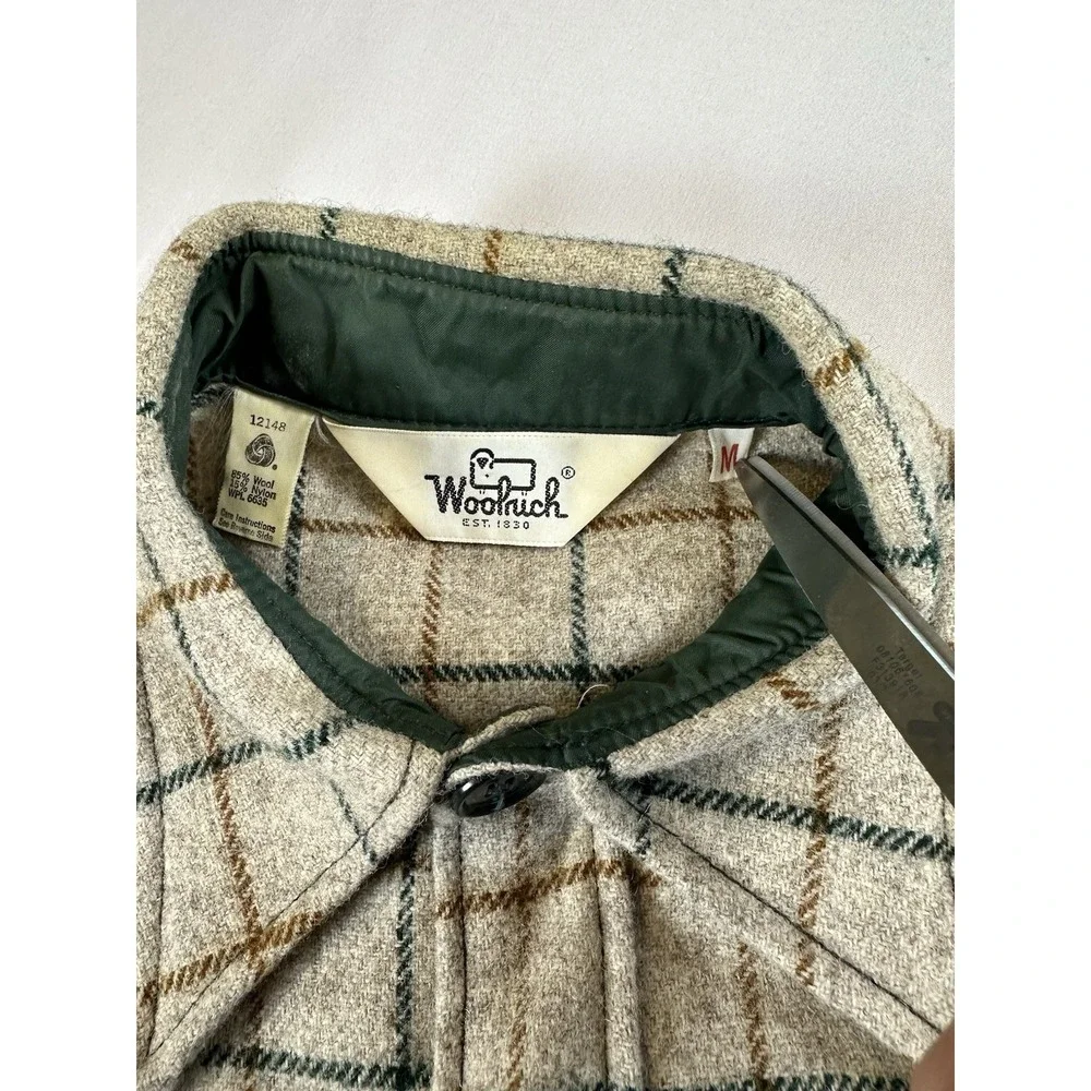 Vtg WOOLRICH Wool Shacket Shirt Jacket Heavy Plaid Tan Brown Green Overshirt Med